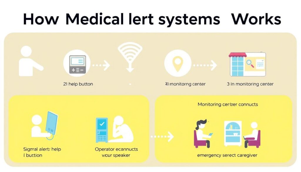 Diagram showing how medical alert systems connect users to monitoring centers and emergency services Diagram showing how medical alert systems connect users to monitoring centers and emergency services