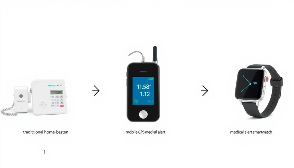 Different types of medical alert systems including home-based, mobile, and smartwatch options Different types of medical alert systems including home-based, mobile, and smartwatch options