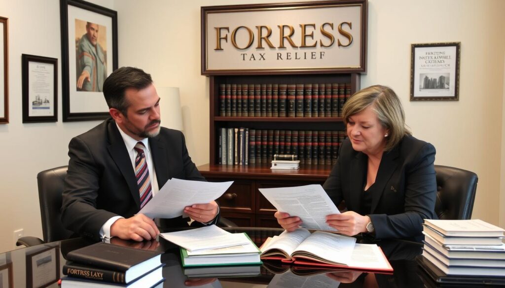 Fortress Tax Relief attorneys discussing complex tax cases Fortress Tax Relief attorneys discussing complex tax cases