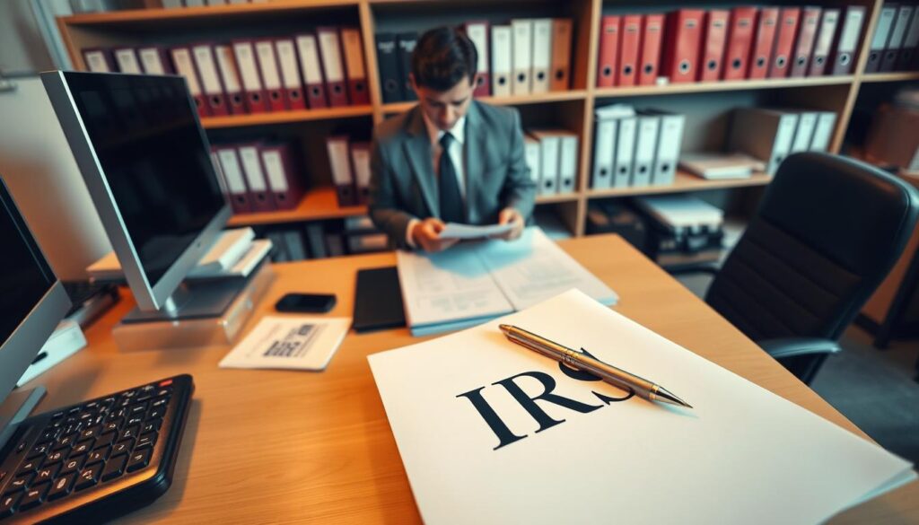 High-angle shot of a clean, organized office space with a focused, serious mood. In the foreground, a desk with a computer, calculator, and neatly stacked paperwork. On the desk, an IRS logo-emblazoned folder and a pen poised over documents. In the middle ground, a professional-looking person in formal attire reviewing the files. In the background, shelves filled with binders and tax manuals, conveying the bureaucratic nature of IRS processes. Warm, directional lighting illuminates the scene, casting subtle shadows. The overall atmosphere suggests the diligence and attention to detail required for navigating IRS tax relief procedures.
