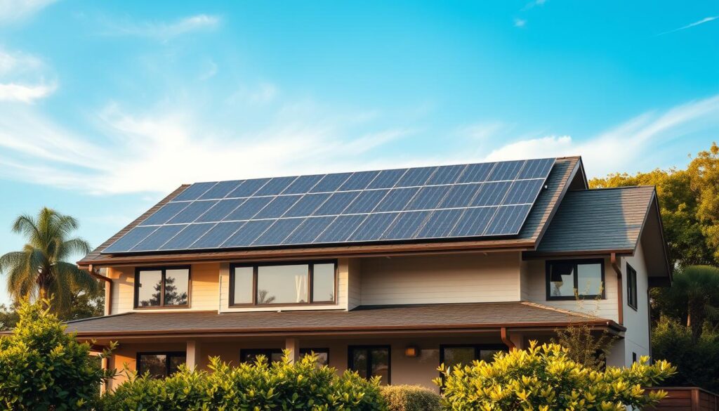 High-quality, detailed architectural exterior of a modern, two-story home with a slanted roof, surrounded by lush greenery and an expansive blue sky. The home's rooftop is covered in large, neatly arranged solar panels, capturing the sun's energy. The solar panels are sleek, efficient, and seamlessly integrated into the home's design. The lighting is soft and natural, creating a warm, inviting atmosphere. The camera angle is slightly elevated, highlighting the solar panels and their integration with the home's structure. The overall scene conveys a sense of sustainability, innovation, and long-term energy savings.