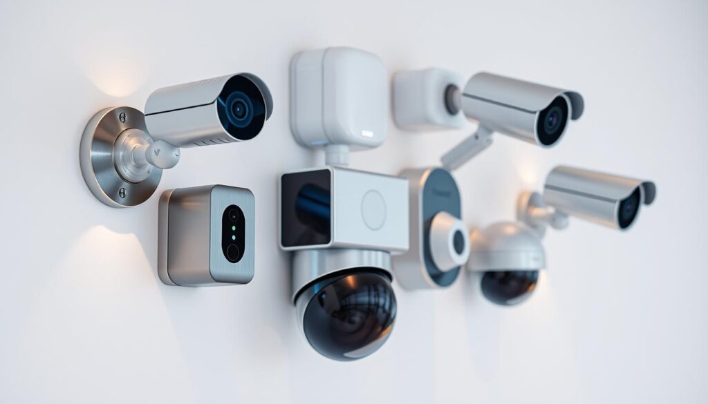 High-tech home security system with advanced sensors and cameras, sleek modern design with brushed metal and glass components, mounted on a minimalist white wall. Soft, directional lighting illuminates the various sensors and alert indicators. The system exudes a sense of security and protection, with a clean, professional aesthetic that seamlessly integrates into a contemporary home interior. Detailed close-up view showcasing the intricate engineering and innovative features of this cutting-edge home security technology.