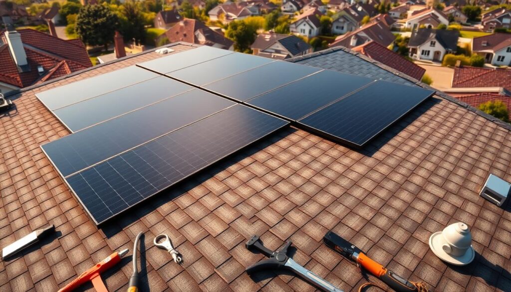 Intricate solar panel installation, bathed in warm sunlight, showcasing the seamless integration with a modern rooftop. Sleek, black panels arranged in a precise grid, casting subtle shadows on the textured shingles. In the foreground, various tools and equipment suggest the skilled craftsmanship required. The background reveals a picturesque suburban neighborhood, highlighting the widespread adoption of renewable energy. Crisp, high-resolution imagery captures the technical details and the aesthetic harmony of this cost-effective, sustainable solution.