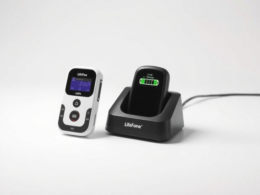 LifeFone VIPx device showing the long-lasting battery medical alert system with its charging cradle LifeFone VIPx device showing the long-lasting battery medical alert system with its charging cradle