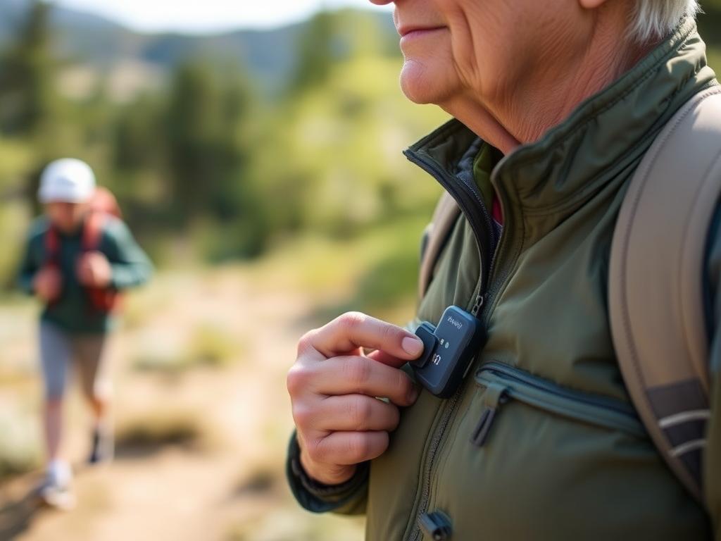Lively Mobile Plus device being used by an active senior outdoors, showing its portability and GPS features Lively Mobile Plus device being used by an active senior outdoors, showing its portability and GPS features