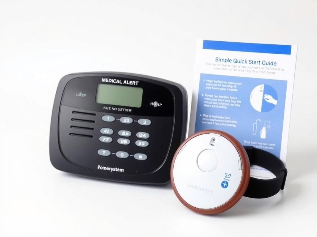 Medical Alert Home System with its simple setup process showing the base station and wearable button Medical Alert Home System with its simple setup process showing the base station and wearable button