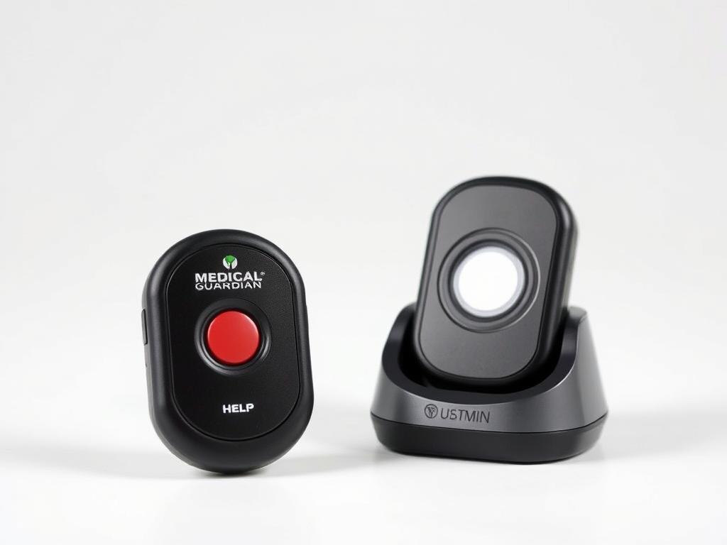 Medical Guardian MGMini device with charging cradle showing the compact design of this top-rated medical alert system Medical Guardian MGMini device with charging cradle showing the compact design of this top-rated medical alert system