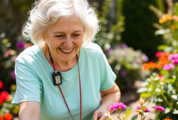 Medical Guardian alert system being worn by a senior woman while gardening, showing the device's portability and everyday use