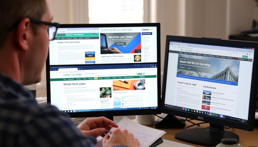 Person researching tax relief companies online Person researching tax relief companies online