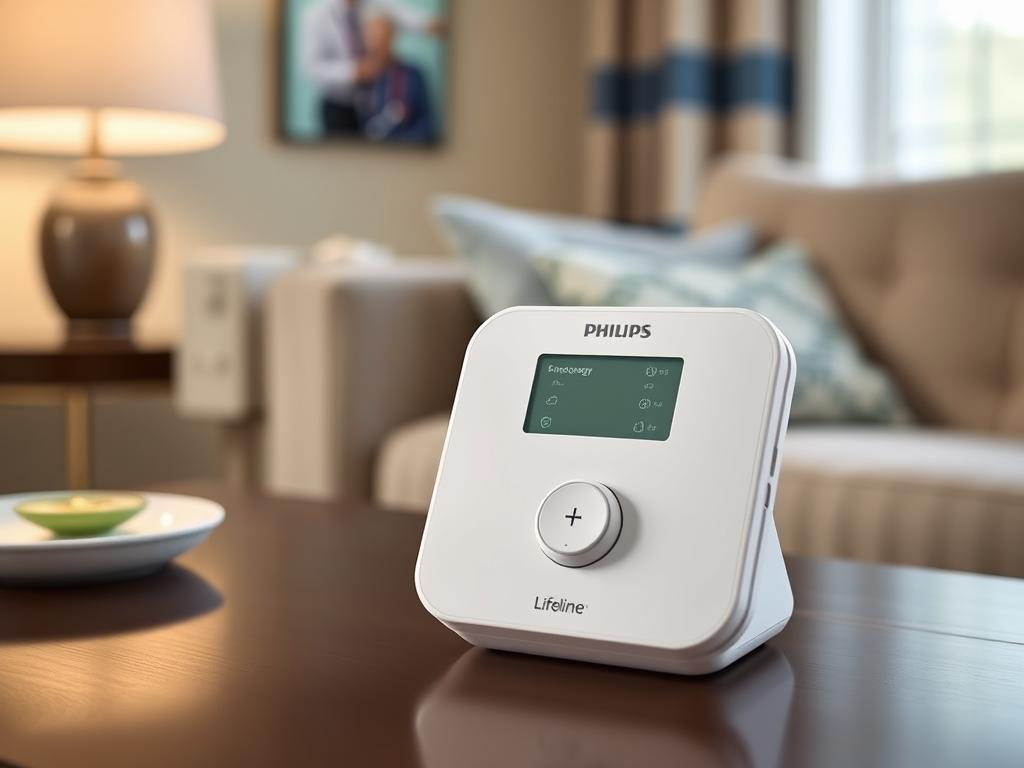 Philips Lifeline HomeSafe system showing the medical alert base station with its hospital-grade monitoring capabilities Philips Lifeline HomeSafe system showing the medical alert base station with its hospital-grade monitoring capabilities