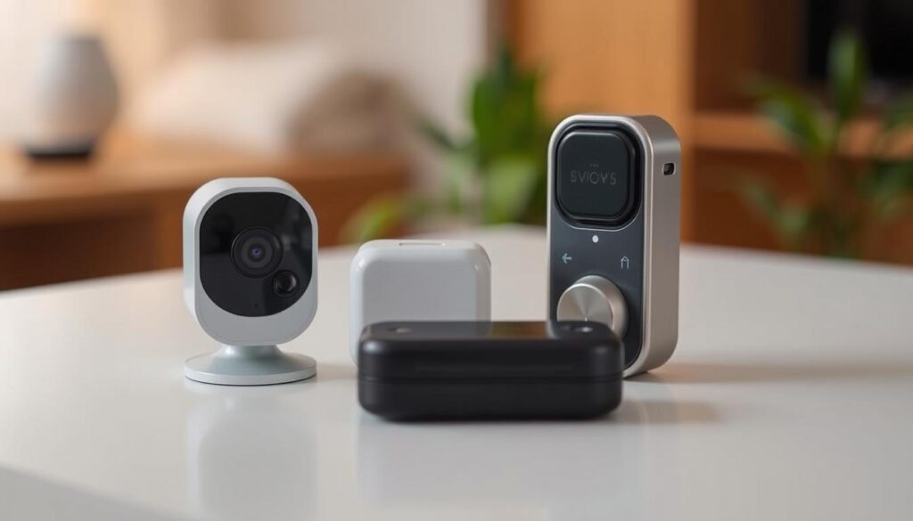 Portable security devices, compact and discreet, with sleek designs and advanced features. A surveillance camera with a minimalist profile, tucked neatly on a tabletop, capturing the room in crisp detail. A motion-sensing alarm, seamlessly blending into the environment, ready to alert at the slightest disturbance. A keyless smart lock, enabling secure access with a tap or voice command, providing peace of mind for renters. All these elements come together in a cohesive setup, creating a comprehensive yet unobtrusive home security system tailored for the needs of modern renters.