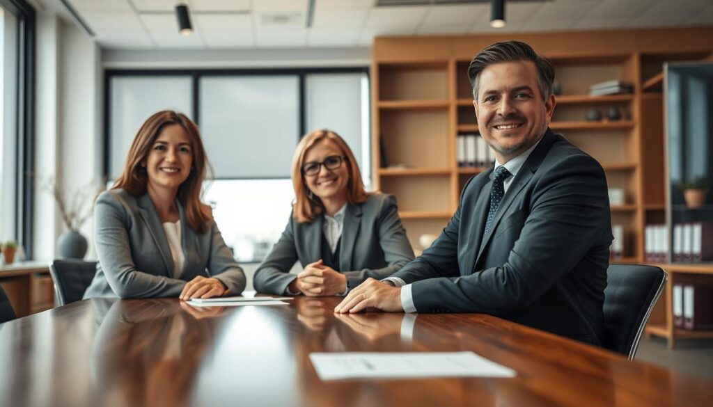 Prompt A professional, modern office setting with a warm, inviting atmosphere. In the foreground, three reputable-looking tax relief experts sit at a polished wooden table, dressed in business attire and exuding an air of trustworthiness. Behind them, a large window floods the room with natural light, highlighting the company's credibility. In the background, shelves of organized files and a subtle, minimalist decor convey a sense of expertise and efficiency. The lighting is soft and flattering, captured through a high-quality camera lens to create a visually compelling and authoritative scene.