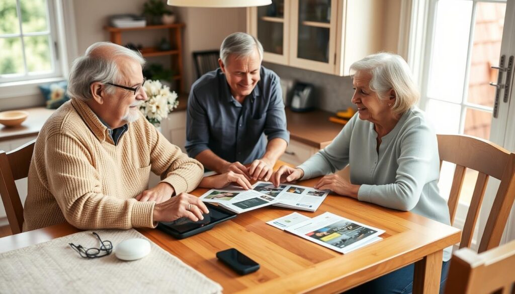 Senior couple discussing medical alert system options with a caregiver, showing the decision-making process Senior couple discussing medical alert system options with a caregiver, showing the decision-making process