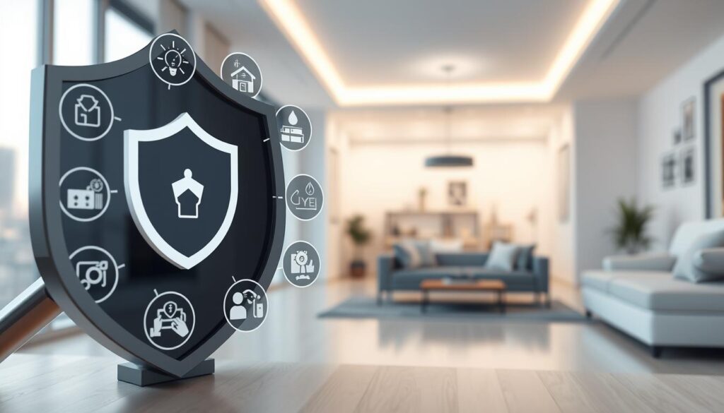 a detailed 3D rendering of a home security insurance benefits concept, with a modern and minimalist design. The foreground showcases a magnified shield icon representing protection, surrounded by various icons symbolizing the different benefits of home security insurance, such as theft deterrence, fire and flood coverage, and medical emergency assistance. The middle ground features a well-lit, contemporary-style home interior with clean lines and neutral tones, conveying a sense of security and comfort. The background depicts a softly blurred cityscape, suggesting the broader context of urban living and the importance of comprehensive home protection. Realistic lighting, depth of field, and high-quality textures create a visually striking and informative illustration.
