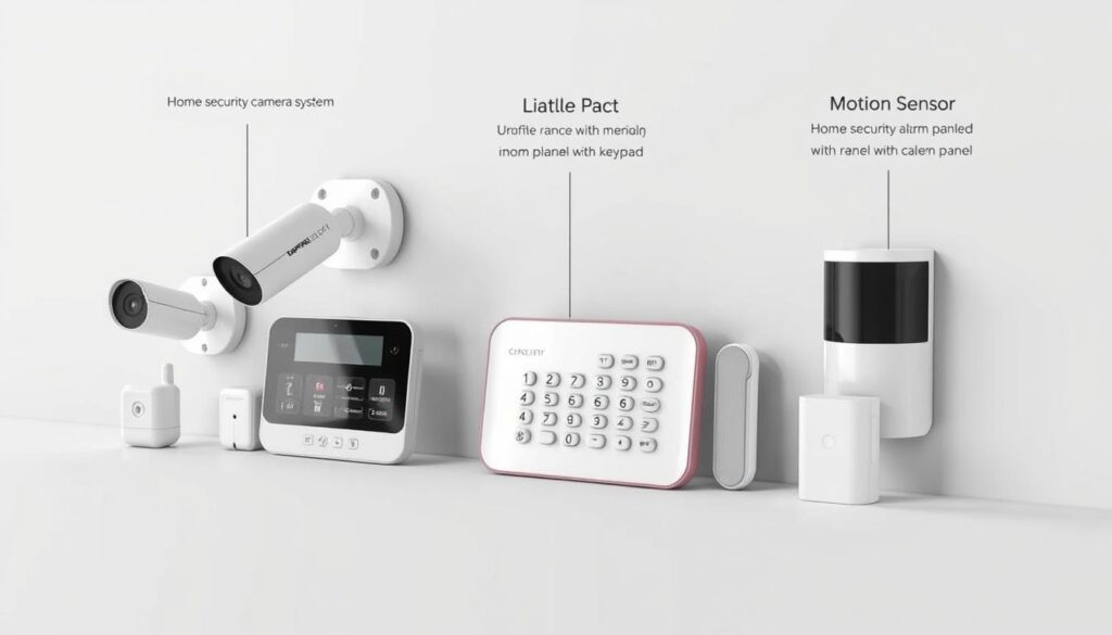 a detailed three-dimensional digital rendering of various alarm system installation options, including a home security camera system, a wireless alarm panel with keypad, and a motion sensor, all presented in a clean, minimalist style with a soft, natural lighting and muted color palette to convey a sense of professionalism and reliability, showcasing the different components and their placement within a residential setting