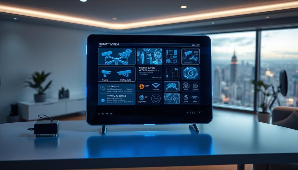 a futuristic, high-tech alarm system control panel with an artificial intelligence interface, positioned on a sleek, minimalist desk in a modern, well-lit home office. The panel features a large holographic display showing live security camera feeds, intruder alerts, and system diagnostics. Ambient blue lighting illuminates the space, creating a sense of technological sophistication. In the background, a panoramic window offers a view of a sprawling cityscape, hinting at the advanced, interconnected nature of the alarm system. The overall atmosphere evokes a vision of the future of home security, where AI-powered surveillance and automation work together to provide comprehensive protection.