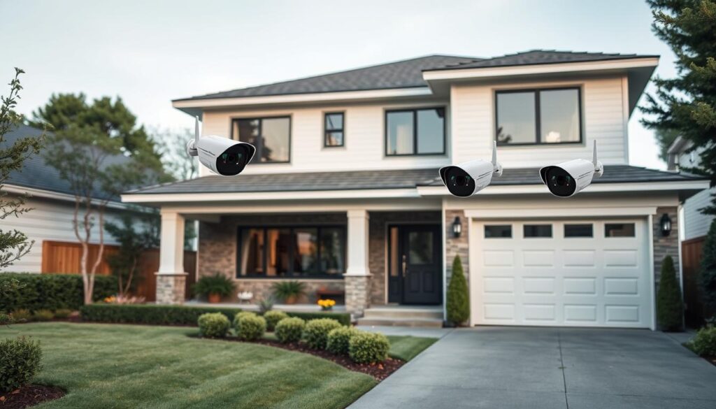 a high-quality, detailed image of wireless security camera systems for a home. the image should show multiple wirelessly connected security cameras mounted on the exterior of a modern, two-story house with a well-manicured yard. the cameras should be positioned to cover the front entrance, driveway, and backyard. the image should be well-lit with natural daylight, and the cameras should have a sleek, discreet design that blends seamlessly with the home's architecture. the overall mood should convey a sense of security and protection for the homeowner. the image should not contain any captions, text overlays, or other distracting elements.