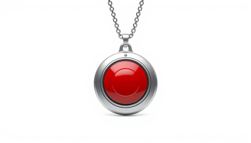 a high-quality render of an alert pendant for the elderly, worn around the neck on a metal chain. the pendant has a prominent red emergency button in the center, surrounded by a silver metal housing. the pendant is shown against a plain white background, with soft, even lighting illuminating the subject from the front. the perspective is straight-on, allowing the pendant to be the central focus. the overall mood is clean, minimalist, and conveys a sense of reliability and functionality for a medical emergency alert system.