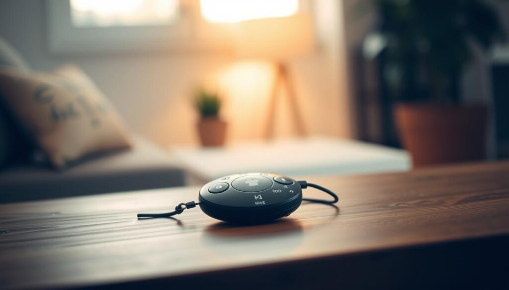 a medical alert device with multiple sensors and connectivity options, such as a pendant with a call button, heart rate monitor, and GPS tracker, resting on a wooden table in a warm, well-lit room, with a clean, minimalist background that subtly suggests a healthcare or wellness environment, captured from a slightly elevated angle with a shallow depth of field to emphasize the device and its features.