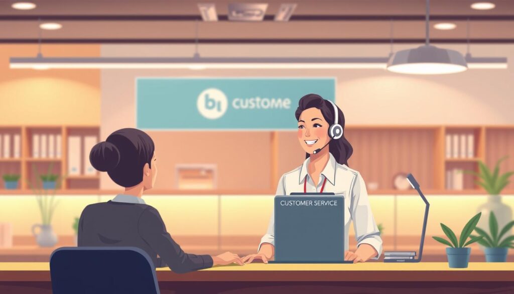 a professional office environment with a customer service desk, a smiling customer service representative in a collared shirt and headset speaking with a customer, warm lighting, smooth textures, clean lines, modern minimalist design, subtle depth of field, high-quality digital rendering, illustration style