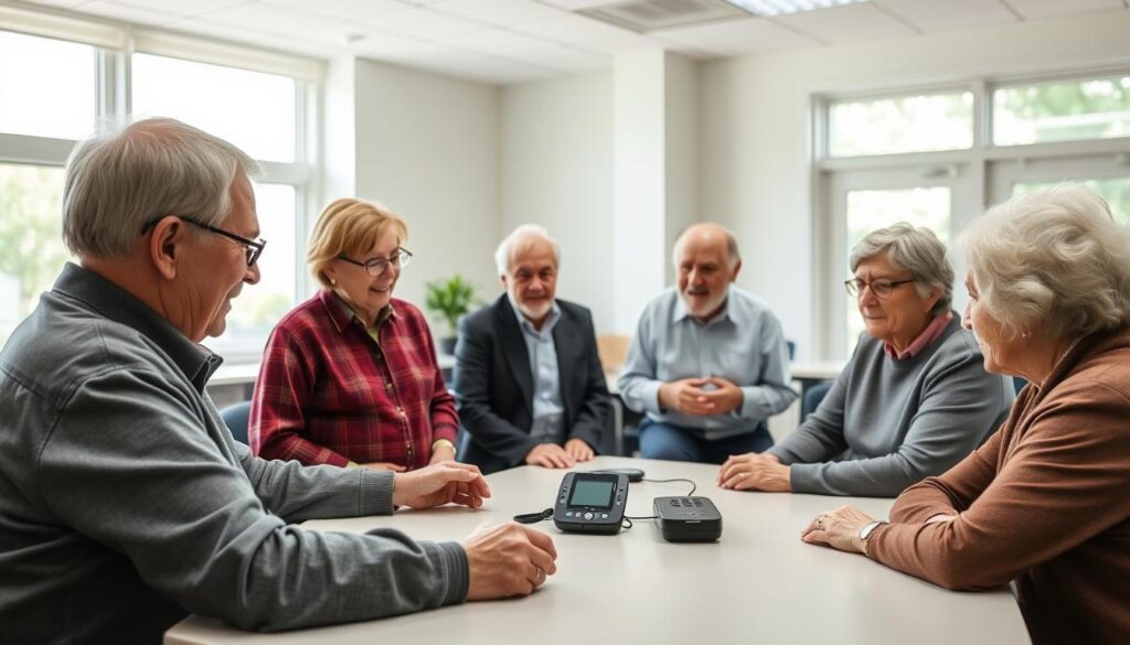 a well-lit classroom with senior adults gathered around a table, attentively watching a hands-on demonstration of a personal emergency response system, its sleek design and large buttons clearly visible. the instructor, a smiling middle-aged person, guides them through the device's features and functions, emphasizing ease of use. the room is spacious and airy, with large windows letting in natural light and providing a calming, serene atmosphere. the seniors, dressed in casual but neat attire, appear engaged and eager to learn, showcasing the importance of training and education for this essential safety technology.