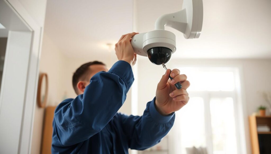 a well-lit home interior, a person in a blue uniform inspecting a home security camera mounted on a wall, using a screwdriver to open the camera housing and perform maintenance, the camera is positioned at an angle to capture the scene, the person is focused on their task, the room is clean and organized, natural light streams in through a window, creating a sense of brightness and clarity, the overall atmosphere is one of professionalism and attention to detail
