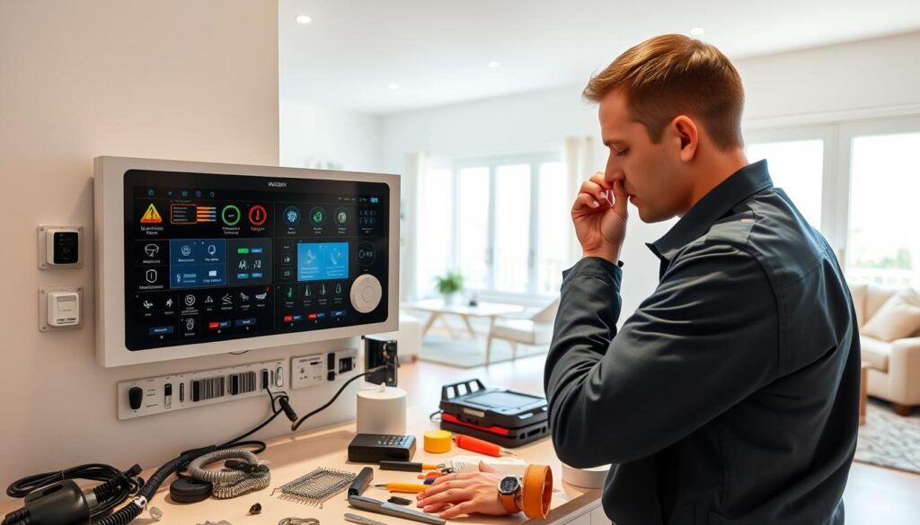 a well-lit, spacious home interior with a central focus on a home security system control panel. the panel displays various status indicators and controls for sensors, cameras, and other security features. in the foreground, a technician in a uniform is performing routine maintenance, carefully inspecting and adjusting the system components. the middle ground features a clean, organized workspace with diagnostic tools and spare parts neatly arranged. the background depicts a serene, minimalist living room with large windows, allowing natural light to flood the space. the overall atmosphere conveys a sense of professionalism, efficiency and reassurance about the home's security.