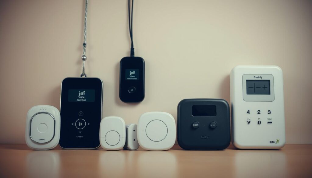 high-contrast close-up shot of modern senior alert systems, including various voice-activated pendants, wearable sensors, and wall-mounted emergency buttons against a plain, neutral-colored background with soft, even lighting that accentuates the devices' sleek, minimalist designs, conveying a sense of reliability and safety for the elderly