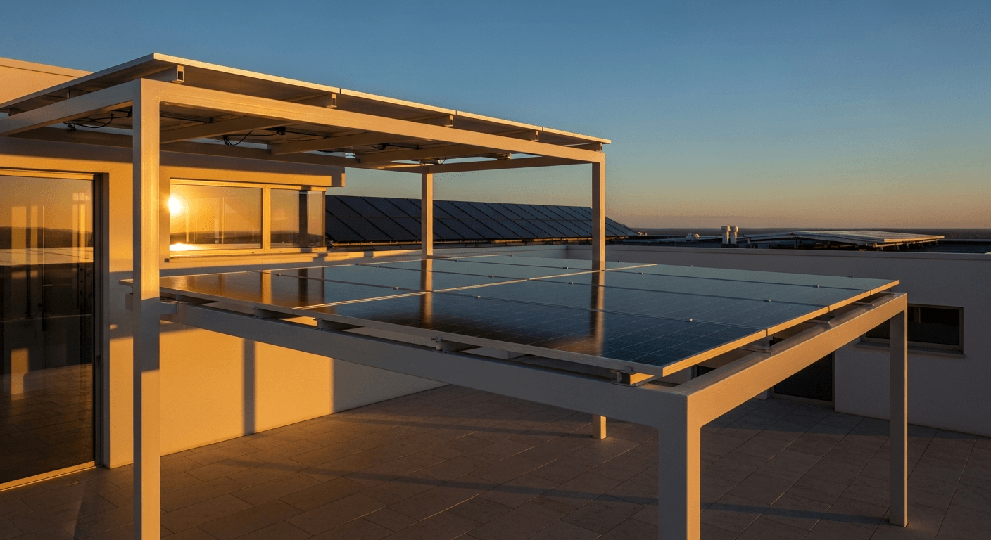 Panneaux solaires bifaciaux installés sur la pergola d'une maison moderne.